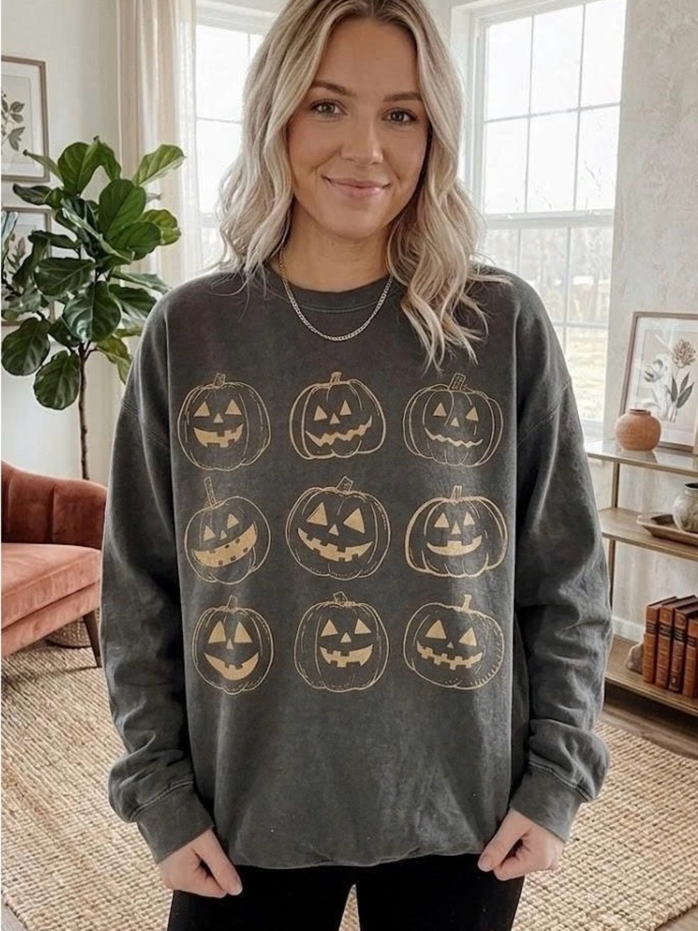 Vintage Washed Charcoal Jack-O-Lantern Pumpkin Crewneck Sweatshirt